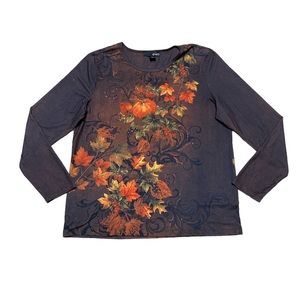 Vintage Erika Three Quarter Sleeve Top Autumn Shirt Brown Leaves Y2k Rhinestone